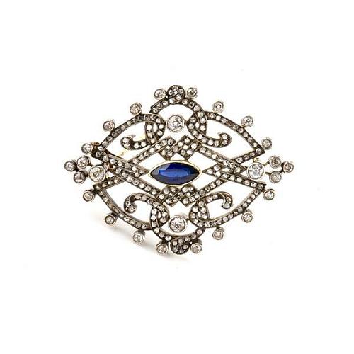 Брошь с бриллиантами, алмазами и сапфиром
